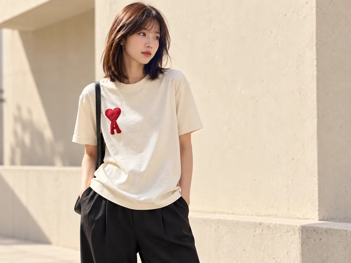 クリーム色のハートロゴTシャツ